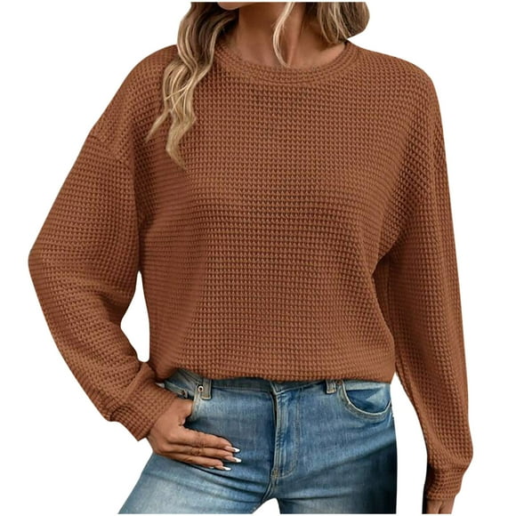 yoeyez Women Waffle Knit Sweater Crew Neck Solid Color Pullover Jumper Top Casual Long Sleeve Loose Blouse Fashion Spring Clothes