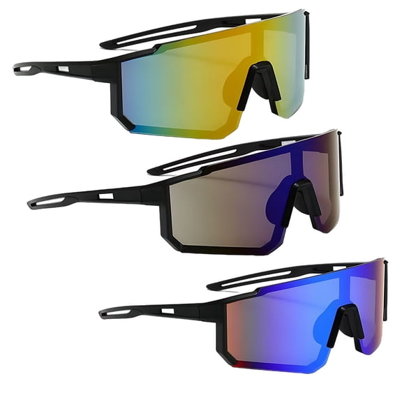 3 Pcs Cycling Glasses Pack with Red, Blue, Green Mirror Lens, Large Frame Wind Goggles for Mountain Bike Sports, Skiing, Sun Protection Sunglasses