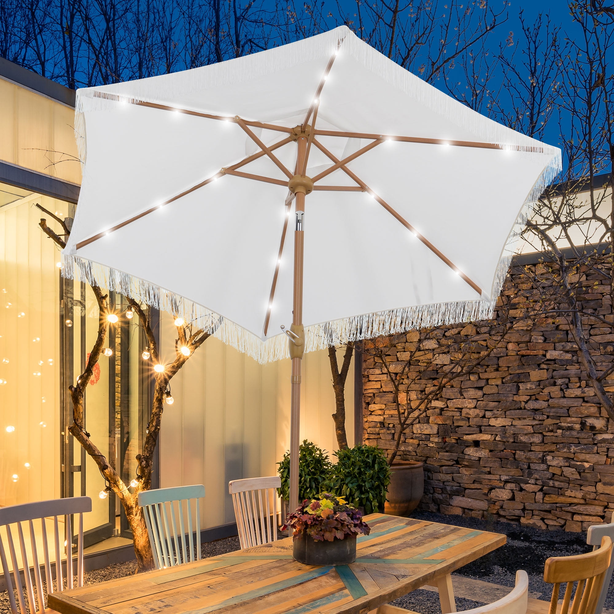 Ainfox 7.5 ft Boho Fringe Patio Umbrella with LED Solar Lights,Waterproof Outdoor Tassels Umbrella for Deck, Table, Garden, White