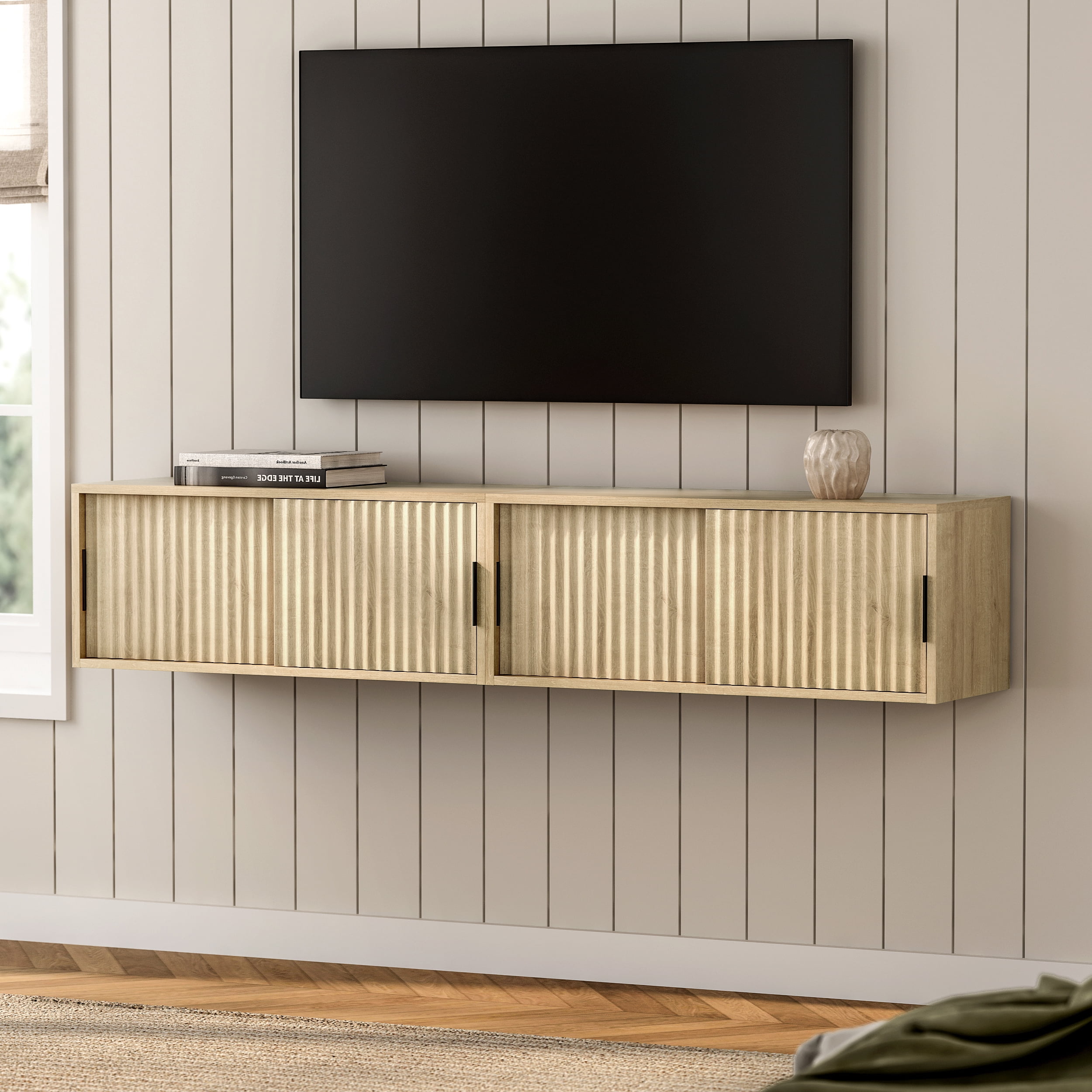 Joyyskill Fluted Floating TV Stand, 30" Multi-Purpose Modern TV Display Shelf Console Entertainment Center Cabinet with Sliding Doors, Light Oak