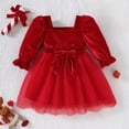 thumbnail image 2 of WUANDIXFA Toddler Baby Girl Christmas Velvet Dress Square Neck Puff Long Sleeve Bow Holiday Party Dress,Red,2-3 Years, 2 of 9