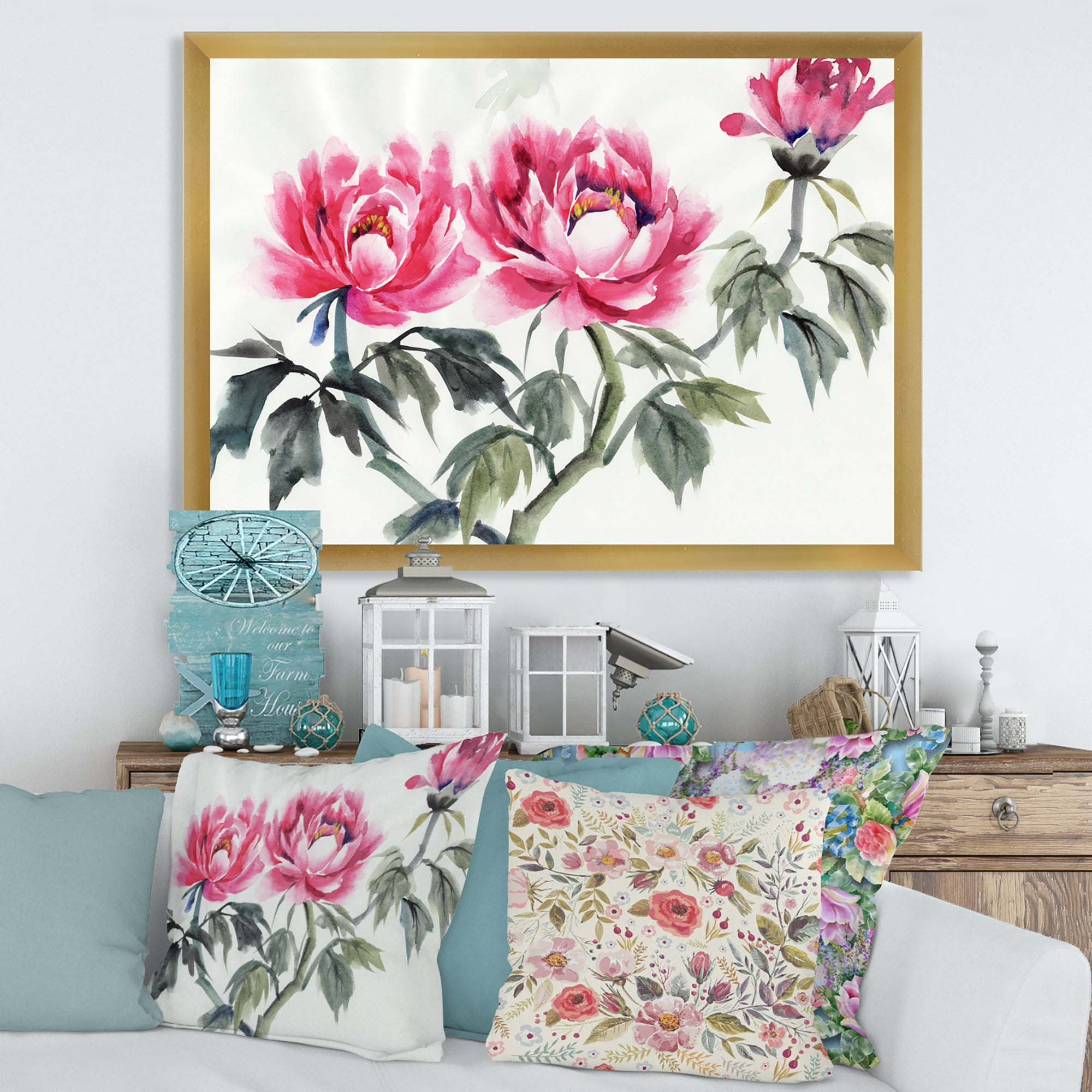 Designart 'Ancient Purple Peonies Branch' Traditional Framed Art Print