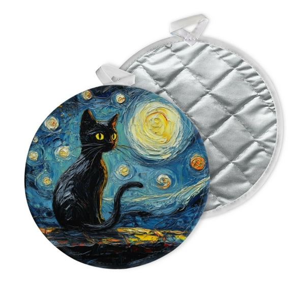 2 PCS Pot Holders for Kitchen,Potholders Sets with Hook for Oven,Cooking,Baking,Black Cat Gazing At The Painted Stars