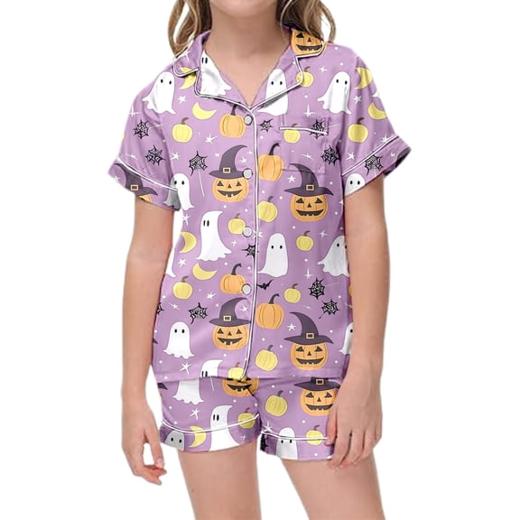 MEZZALL Girls Halloween Sleepwear Short Sleeve Pumpkin Ghost Printed Lapel Blouse Pajamas Sets Tops With Elastic Waist Shorts Two Piece Loungewear For Kids Breathable Nightwear