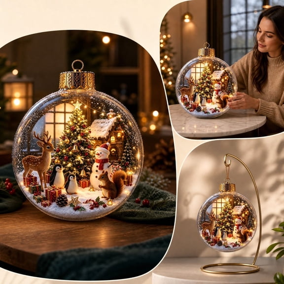 AOMXGD Christmas Story Ornament, Acrylic, Transparent Sphere, Mini Holiday Scene, Built‑in String Lights