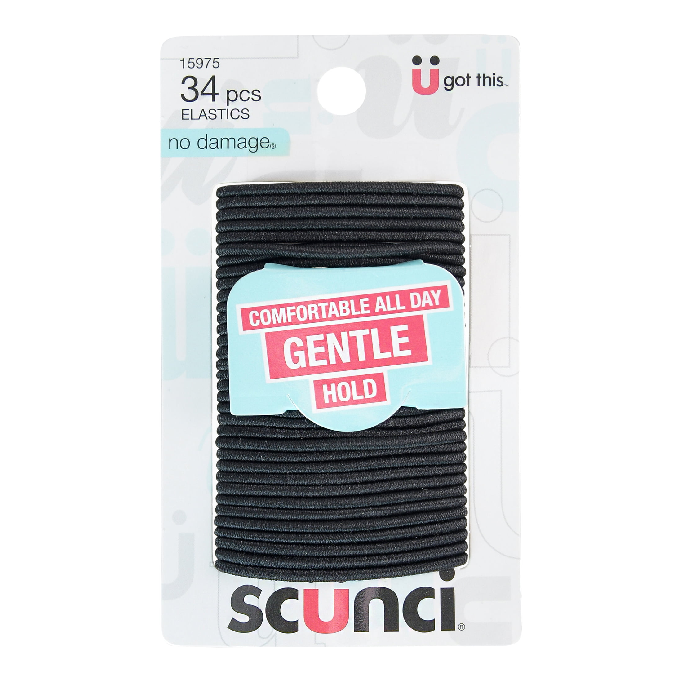 (5 pack) Scunci No-Damage Elastic Stretch Gentle-Hold Hairbands with No Metal Parts in Black, 34ct