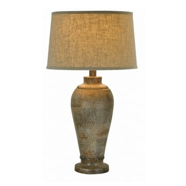 33 Inch Hydrocal Table Lamp Brown Drum Shade Textured Urn Shaped Base - Saltoro Sherpi