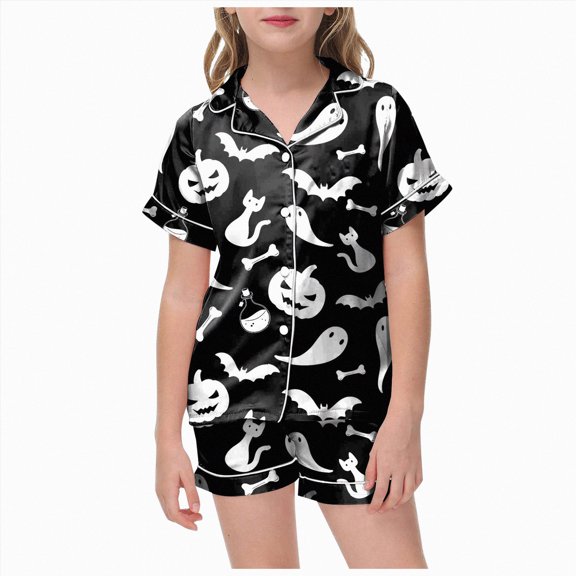 CAUYDY Girls Halloween Pajamas Sets Sleeping Pants Cute Print Home Short Sleeve Shorts Pajama Set Full Suit Clothes(L101-Black,10-11 Y)