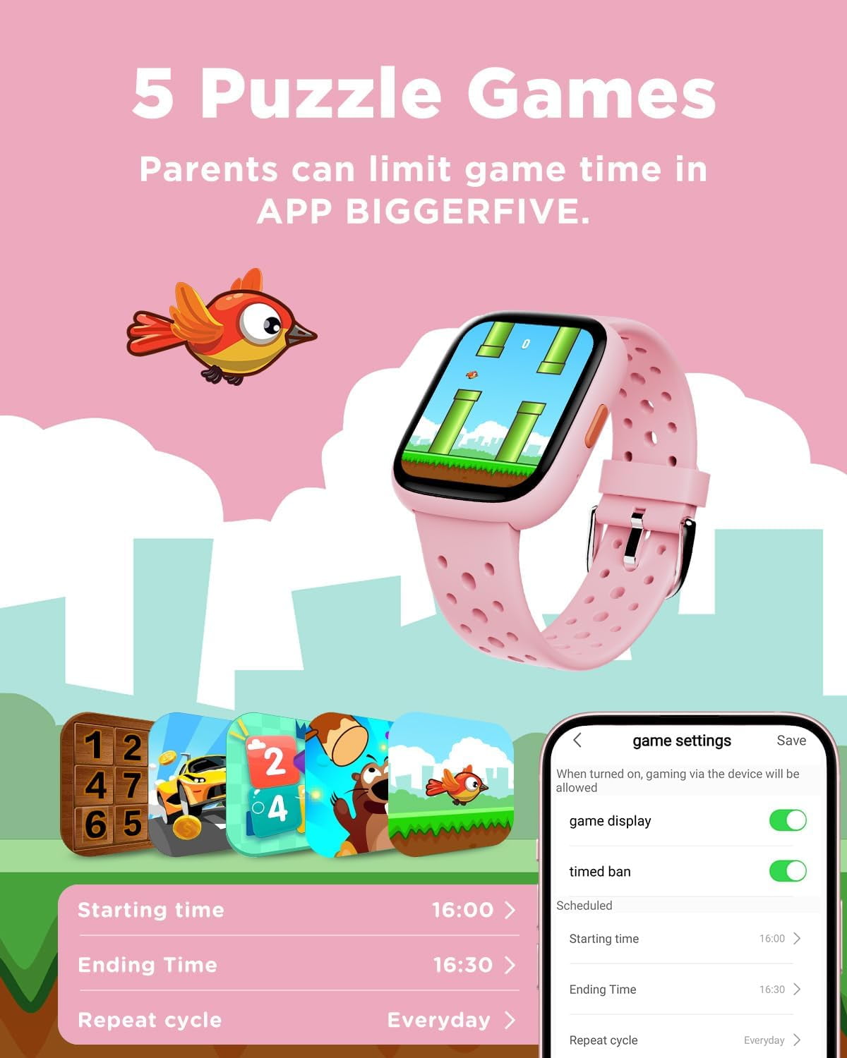 BIGGERFIVE Smart Watch for Kids No APP No Phone Needed, 1.8" Fitness Tracker Watch Pedometer, Sleep Monitor, IP68 Waterproof, Step Counter, Puzzle Games for Girls Boys Teens 5-16, Pink