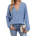 thumbnail image 3 of Camisa Henley de Larga para Mujer, Cuello en V, Suéteres Casuales Elegantes, Ropa de Moda para Otoño. Azul Colorido S, 3 of 10