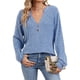 thumbnail image 3 of Camisa Henley de Larga para Mujer, Cuello en V, Suéteres Casuales Elegantes, Ropa de Moda para Otoño. Azul Colorido S, 3 of 10