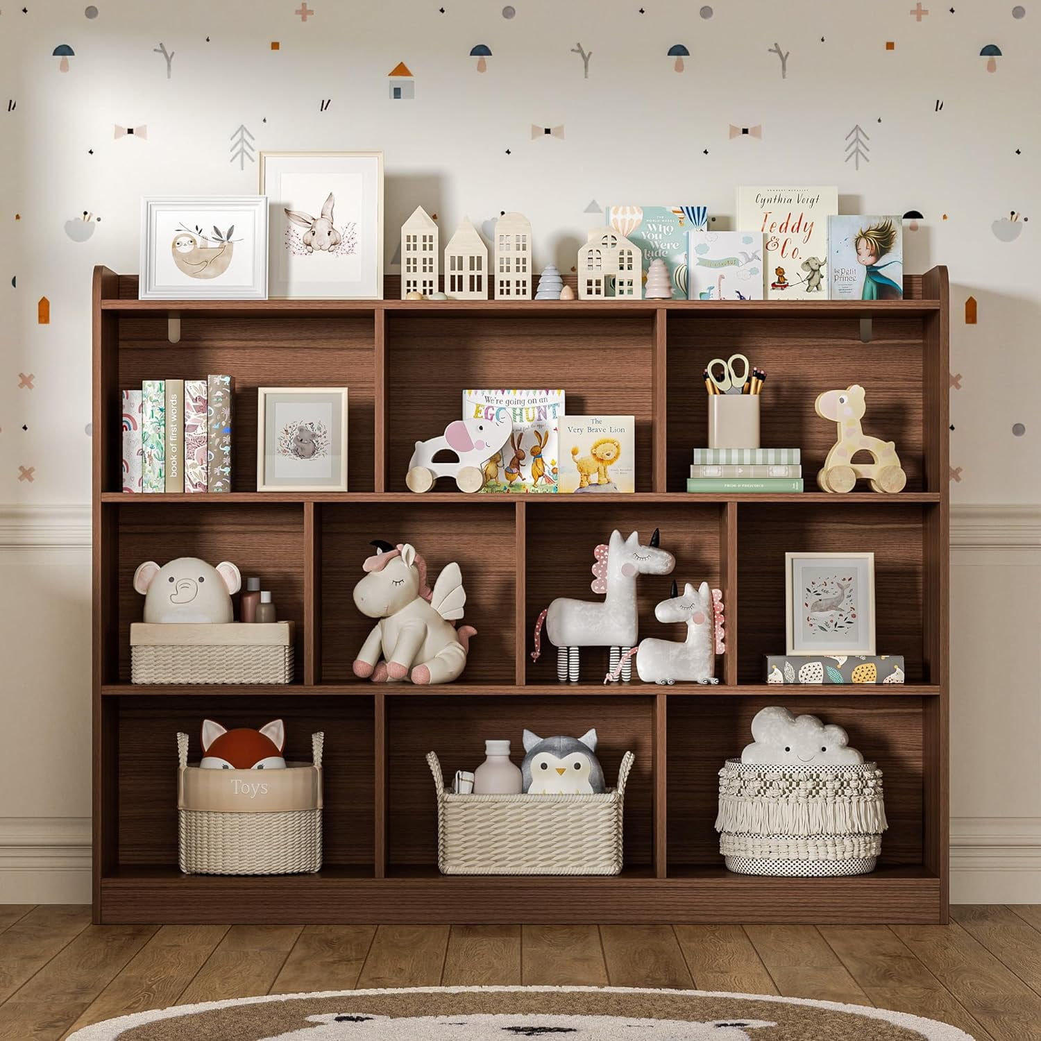 DIYART Brown Wood Bookcase with 3 Tier Open Shelves, 10-Cube Storage Shelf, 55.1" W x 42.5" H