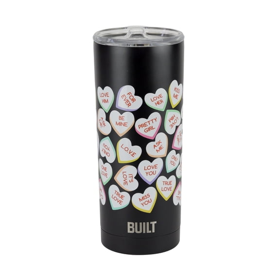 BUILT Valentine's Day Insulated Stainless Steel 20 oz Tumbler Black Conversation Hearts