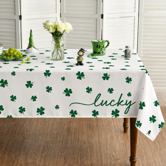 St. Patrick''s Day Tablecloth 60×84 Inch, Irish Clover Shamrock White Washable Table Cover for Party Picnic Dinner Decor