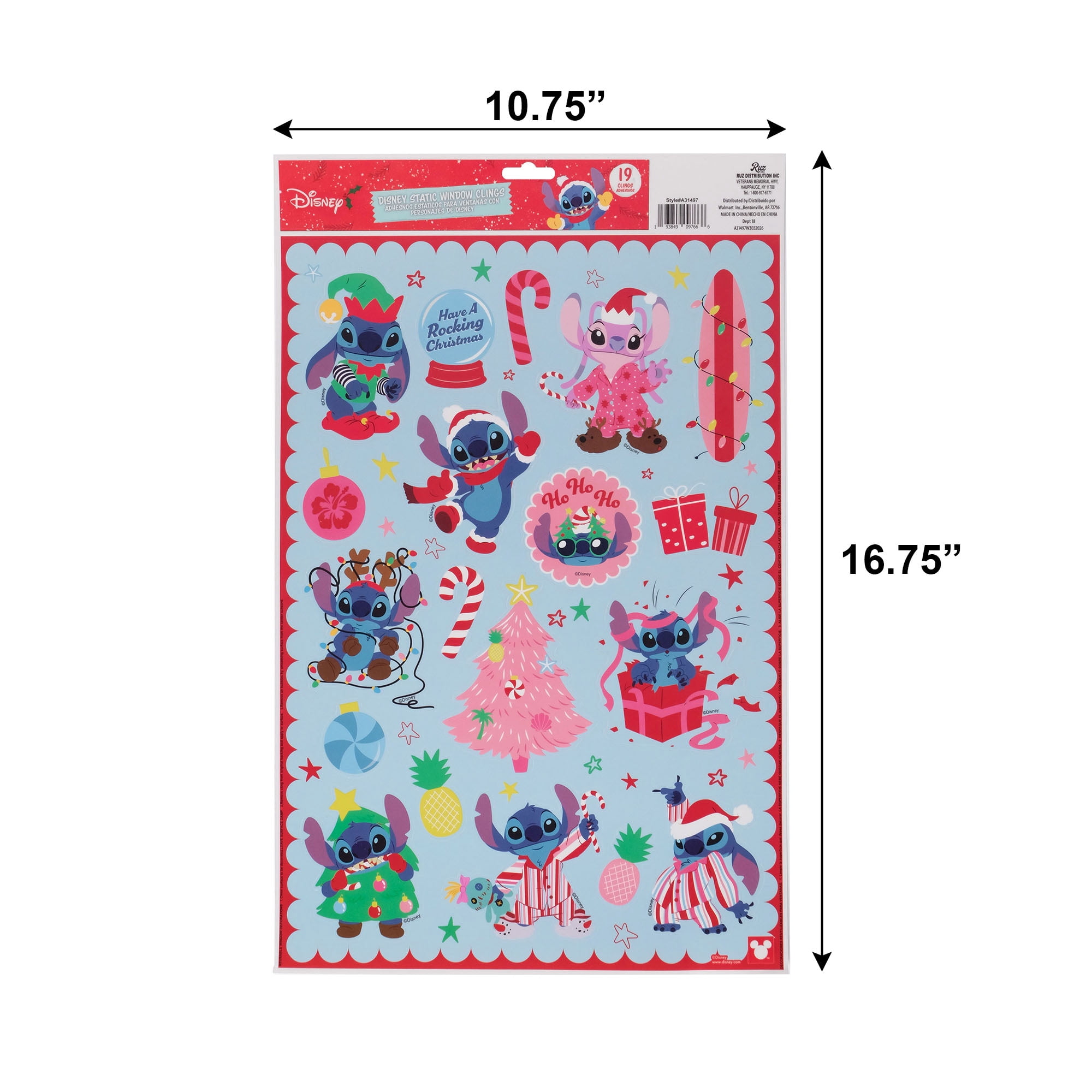 Disney Stitch & Angel Christmas Window Clings, 19‑Piece Holiday Static Window Decorations – Festive Stitch Designs