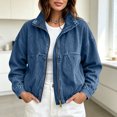 thumbnail image 5 of Women's Vintage Loose Denim Bomber Jackets Full Zip Stand Collar Long Sleeve Casual Coat Elastic Hem Fall Daily Street Jean Outerwear Blue, 5 of 9