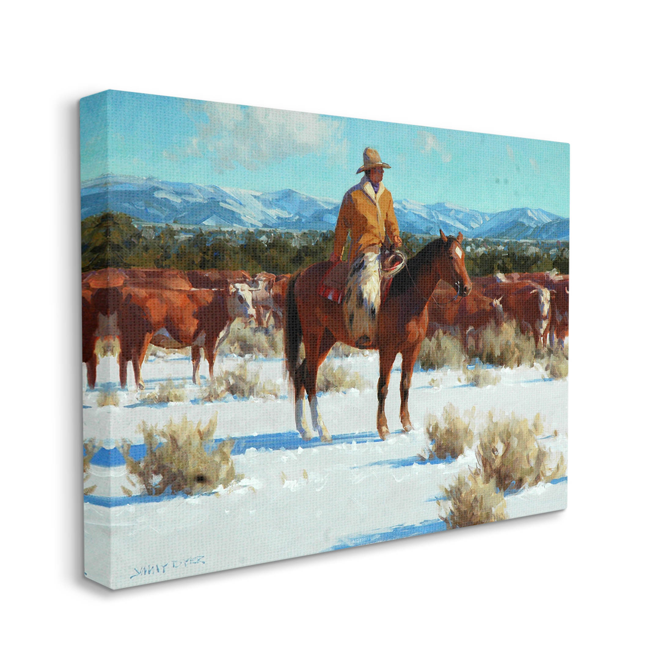 Winter Cowboy Cattle Landscape Animals & Insects Painting Gallery Wrapped Canvas Print Wall Art