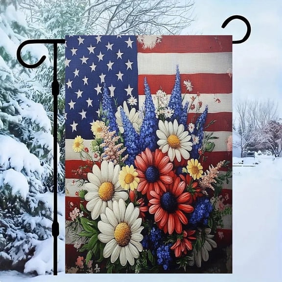RKSupls Patriotic Linen Double Sided Garden Flag, Independence Day Themed Yard Decor, Patriotic Daisy Bouquet Flag Outdoor Banner for Holiday Lawn