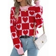 thumbnail image 2 of Womens Mock Neck Sweater Long Sleeve Block Cute Heart Knit Fall Winter Tops Ribbed Knit Pullover Sweaters Red L, 2 of 9