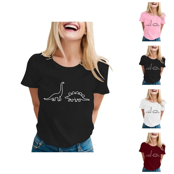 T Shirts for Women Short Sleeve Crewneck Casual Cute Dinosaur Graphic Tees Funny Dino Shirt Summer Tops