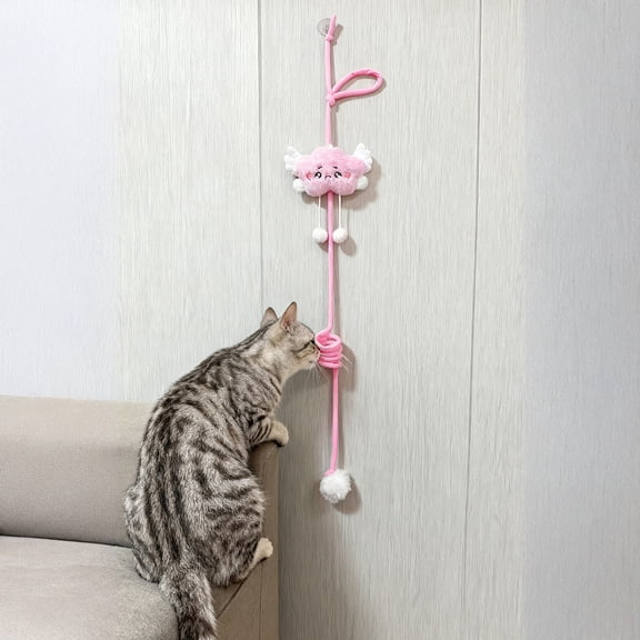 Cat toys for indoor Cats, Cat Supplies for indoor Cats, interactive Cat Ball, Cat Teaser Wand, Suction Cup Cat toy, Door Frame Cat toy, Pink Plush, Elastic Rope, 1 Pc