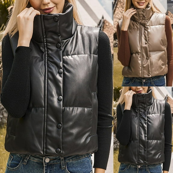 Lovskoo 2024 Women's Leather Vest Jacket Quilted Jacket Stand Collar Sleeveless Zipper Pocket Cotton Padded Coat Black