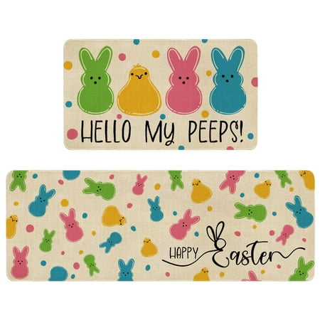 

Xsinufn Easter Kitchen Rugs and Mats Set of 2 Spring Happy Easter Hello My Peeps Kitchen Mat Bunny Chick Non Slip Washable Kitchen Floor Sink Mats Decorations for Home Kitchen 18 x48 +18 x30 C43
