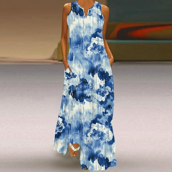 Danhjin Blue Womens Summer Dresses Loose Fits V Neck Sleeve Less Sundresses Beach Hawaiian Dress with Pockets