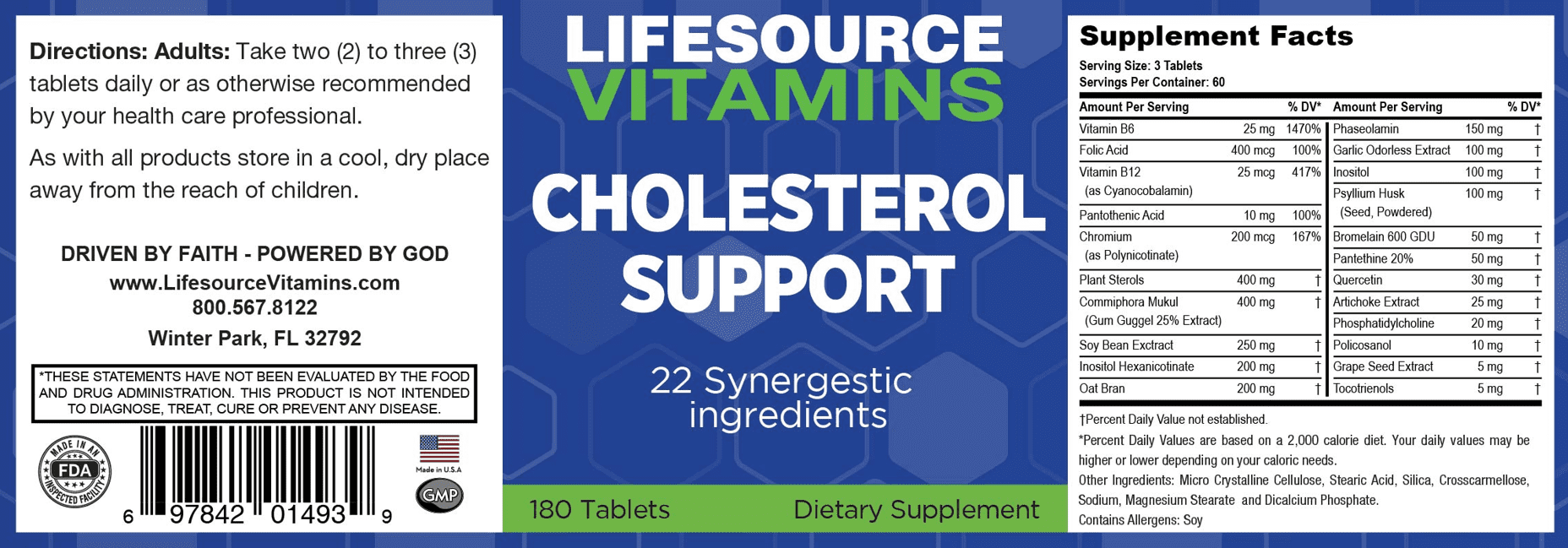 LifeSource Vitamins Cholesterol Support for Heart Health - 23 Natural Ingredients, 180 Tablets