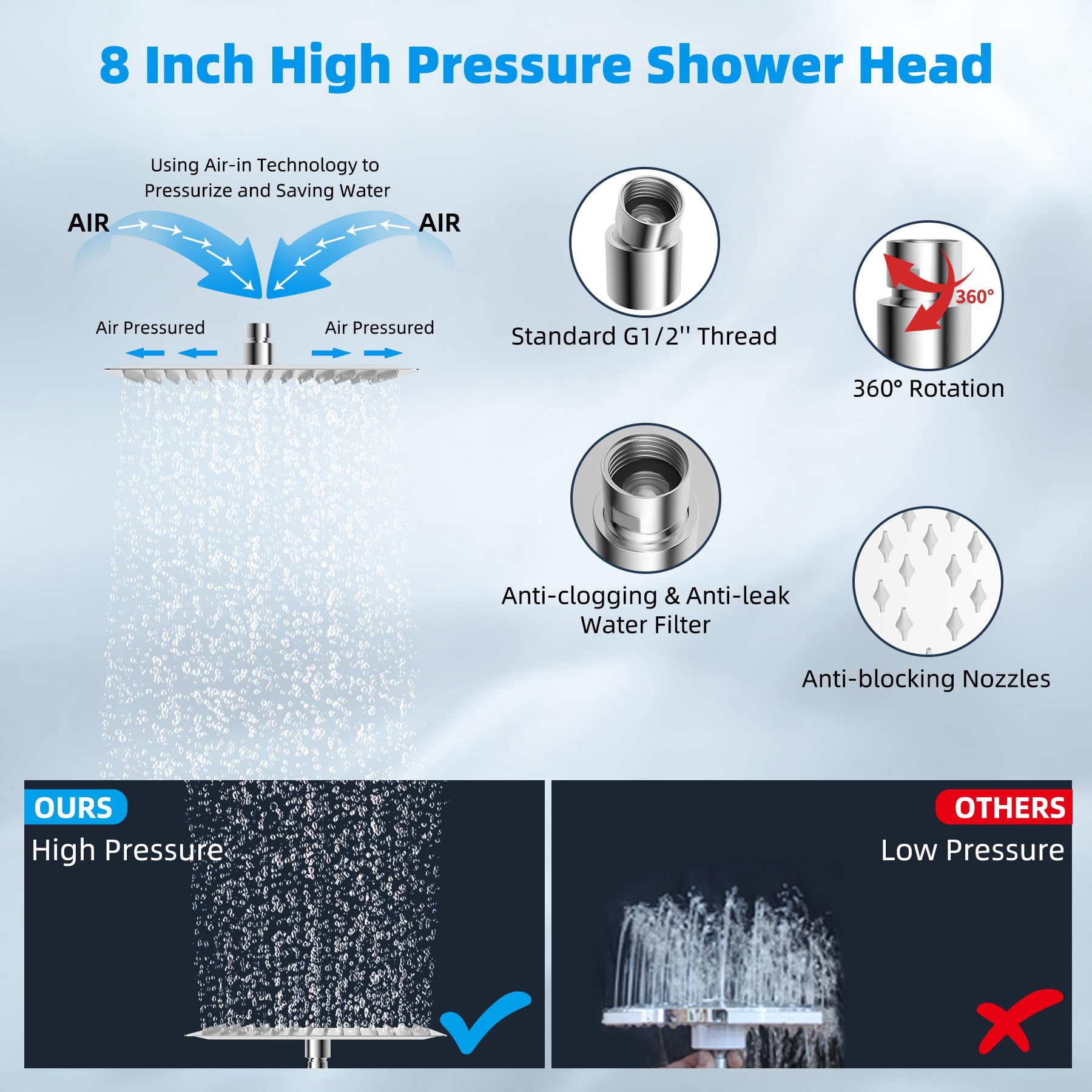 All Metal Rain Shower Head  8'' High Rainfall Square Showerhead With 16" Extension Arm Solid Brass Adjustable Extender Waterfall Fixed Showerheads Chrome