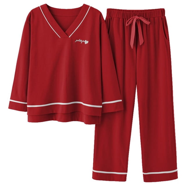 REDHOTYPE Nouveaux Pyjamas en Coton Doux pour Femmes 2 Pcs Grande Taille 3TG Simple Manches Longues Décontracté