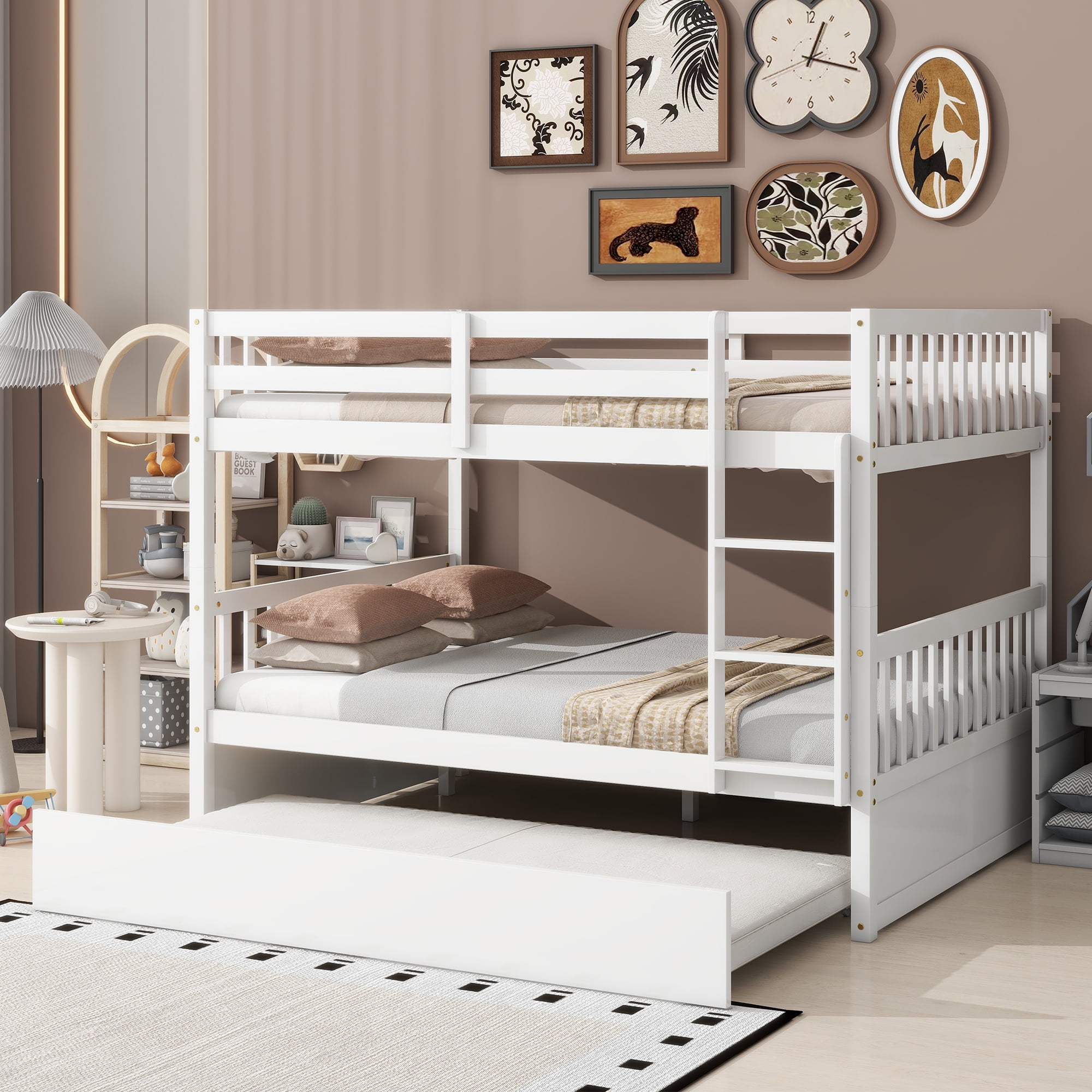 Sailvan Full Over Full Rubber Wood Bunk Bed with Trundle Ladder Guardrails, Convertible to 2 Beds