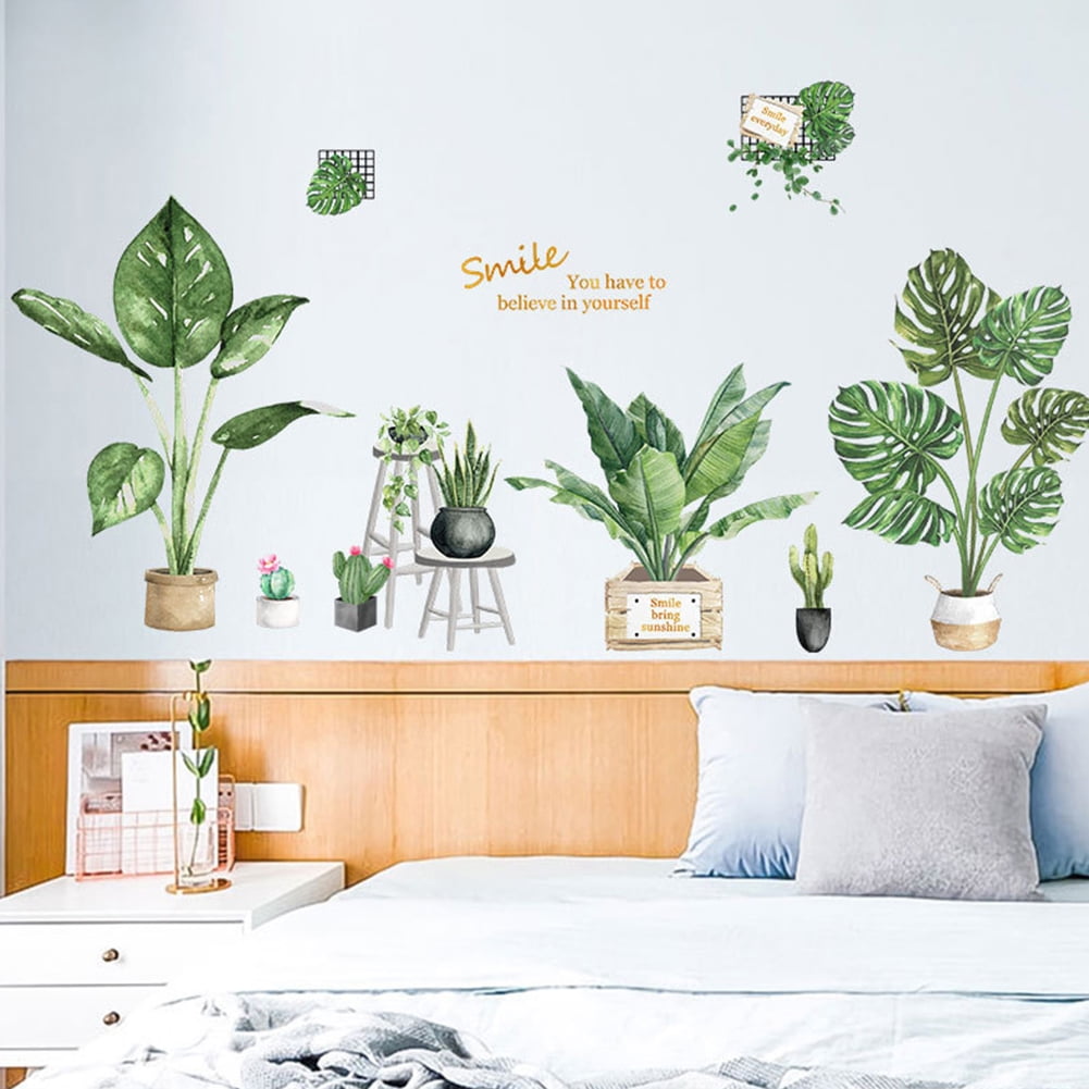 SPRING PARK 2Pcs Green Plants Fresh Leaves Wall Decals, Palm Tree Leaves Wall Stickers, Monstera Leaf Tropical Plants Peel and Stick Wallpaper,DIY Wall Art Decor Home Decorations