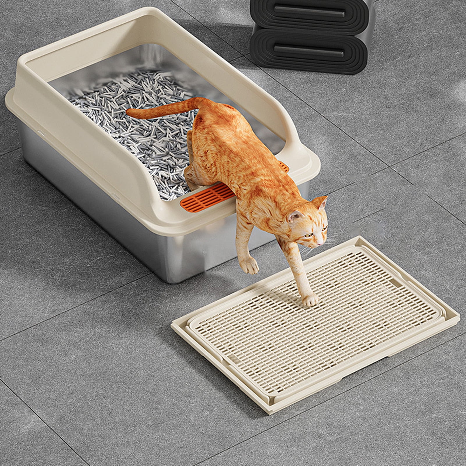 BOKYAN Large Metal Cat Litter Box Stainless Steel High Sided Anti Splashing Kitty Tray with Pedal Filter Khaki 20 inches / 51 cm