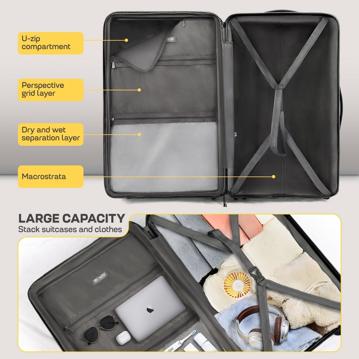 New York Xpress 3-Piece Hardside Luggage Set,20/26/30 Inch Expandable Spinner Suitcases w/TSA Lock, Black - DQ135