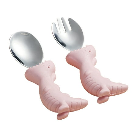 

Grofry Baby 2Pcs/Set Infant Tableware Cartoon Dinosaur Portable Stainless Steel Feeding Spoon Fork Set Home Use
