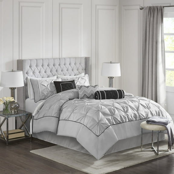 Madison Park Full Comforter Sets, 7-Piece Tufted Pintuk Bed in a Bag Bed Set, Satin Luxury Grey Comforter Bedding Set with Decor Pillow