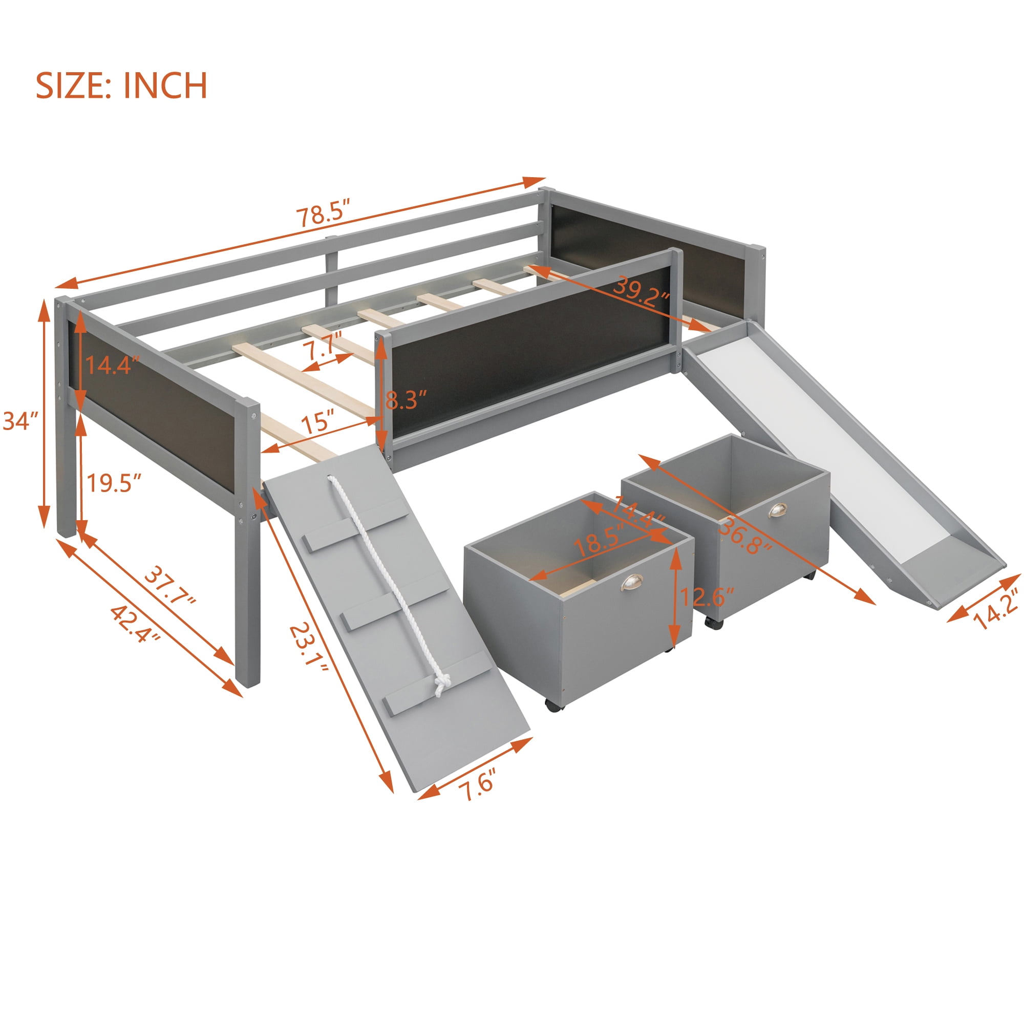 Aukfa Kids Low Loft Bed with Slide and Chalkboards, Twin Platform Bed with Storage Boxes - Gray