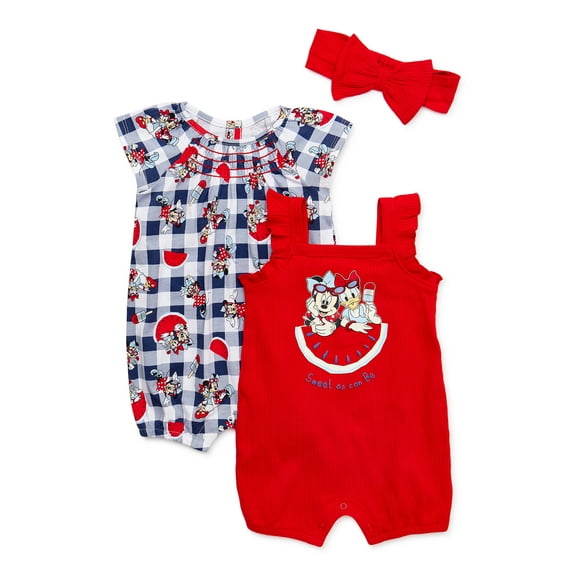 Disney Minnie Mouse Baby Girls Rompers and Headband, 2-Pack, Sizes 0-24 Months
