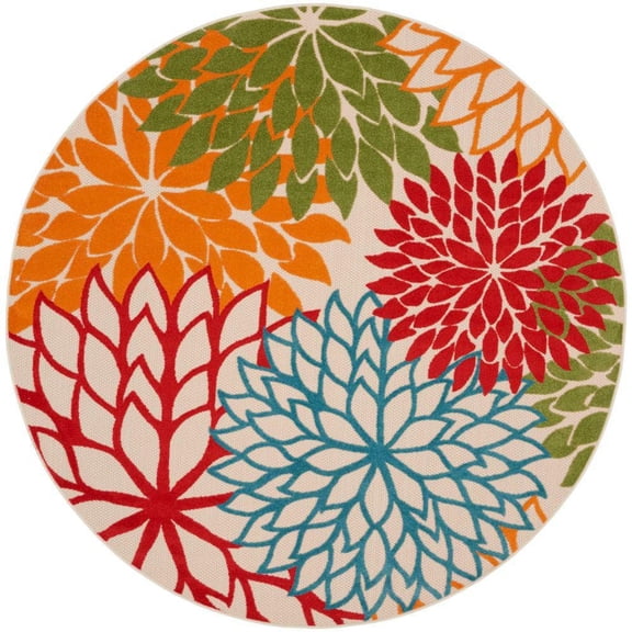 Aloha Green 8 ft. x 8 ft. Round Floral Modern Indoor/Outdoor Patio Area Rug