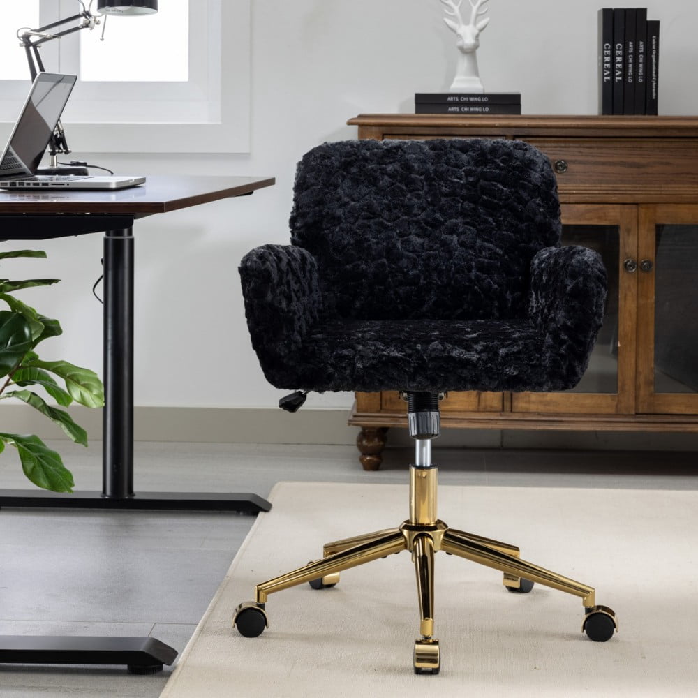 Office Chair, Faux Rabbit Fur Home Office Desk Chair with Golden Metal Base, Adjustable Height, 360° Swivel Reclining Vanity Chair, Black