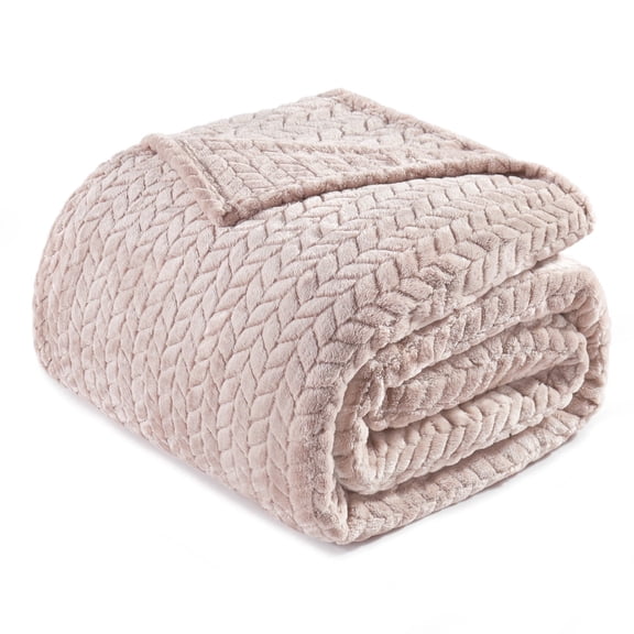 Exclusivo Mezcla King Size Flannel Fleece Blanket, 90"x104" Soft Jacquard Weave Leaves Pattern Velvet Plush Bed Blanket, Camel