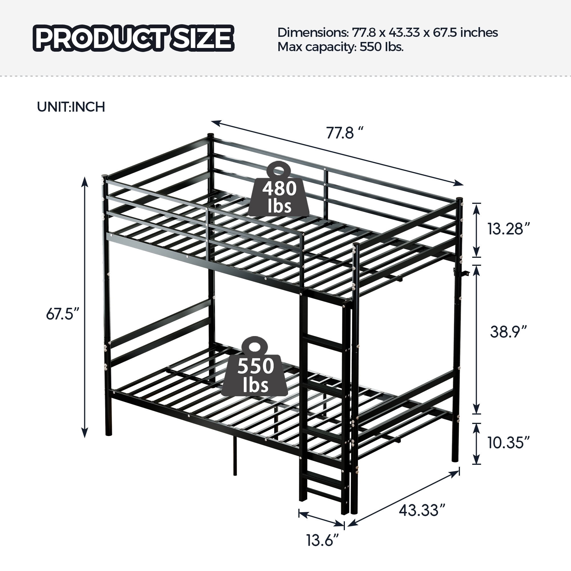 MAYEERTY Twin Over Twin Metal Bunk Bed for Kids Teens Adults, Heavy Duty Steel Bed Frame, Sturdy Slats Support 550 lbs, No Box Spring Needed, Black