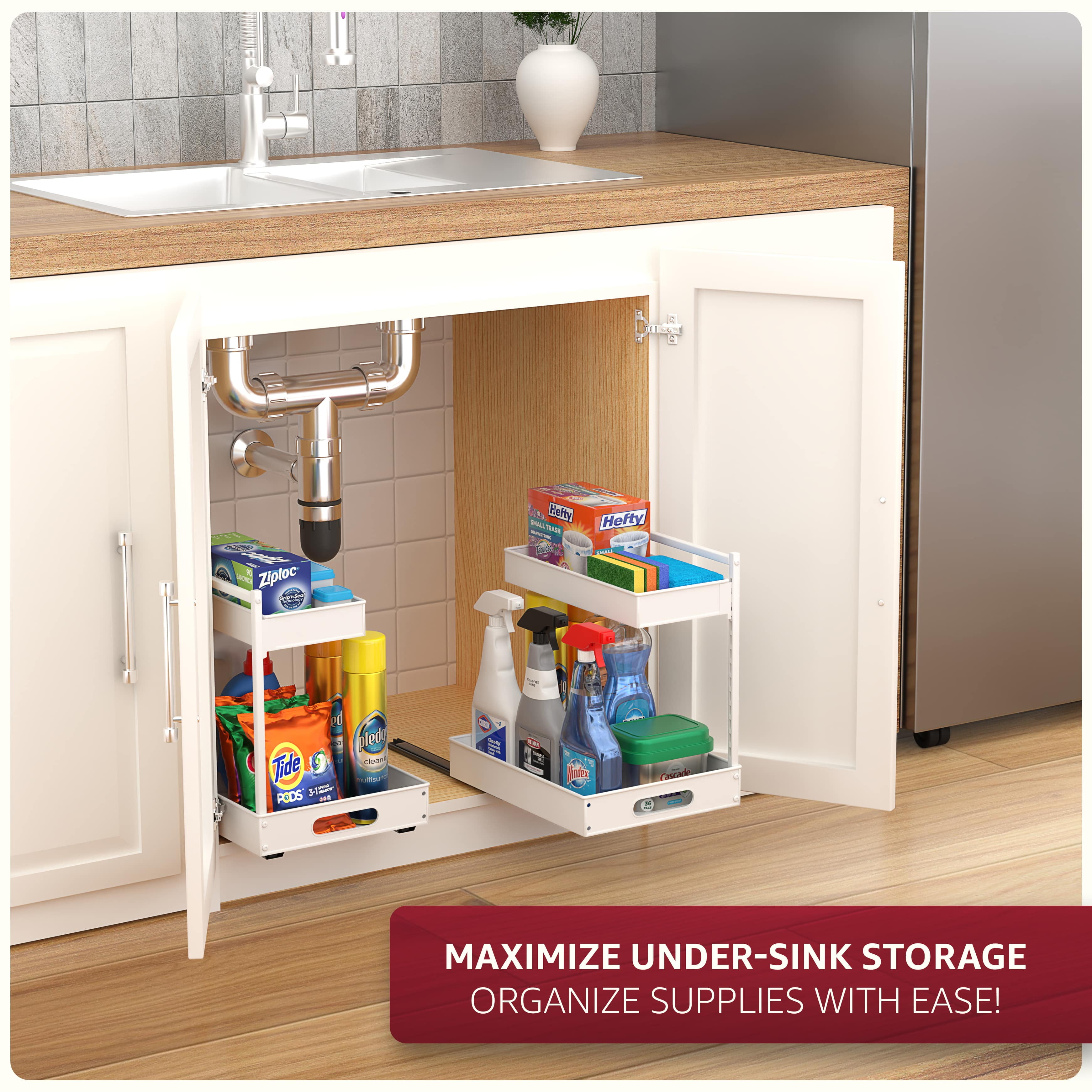 Sorbus 2-Tier Under Sink Organizer with Sliding Drawers, No-Drill Storage Rack (White)