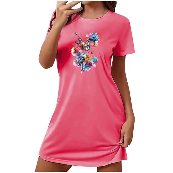 Tnhcen Summer Versatile Pajama Dress – Round Neck Short Sleeve Fashion Print Soft Polyester Spandex S-2XL for Home/Outdoor Lounging