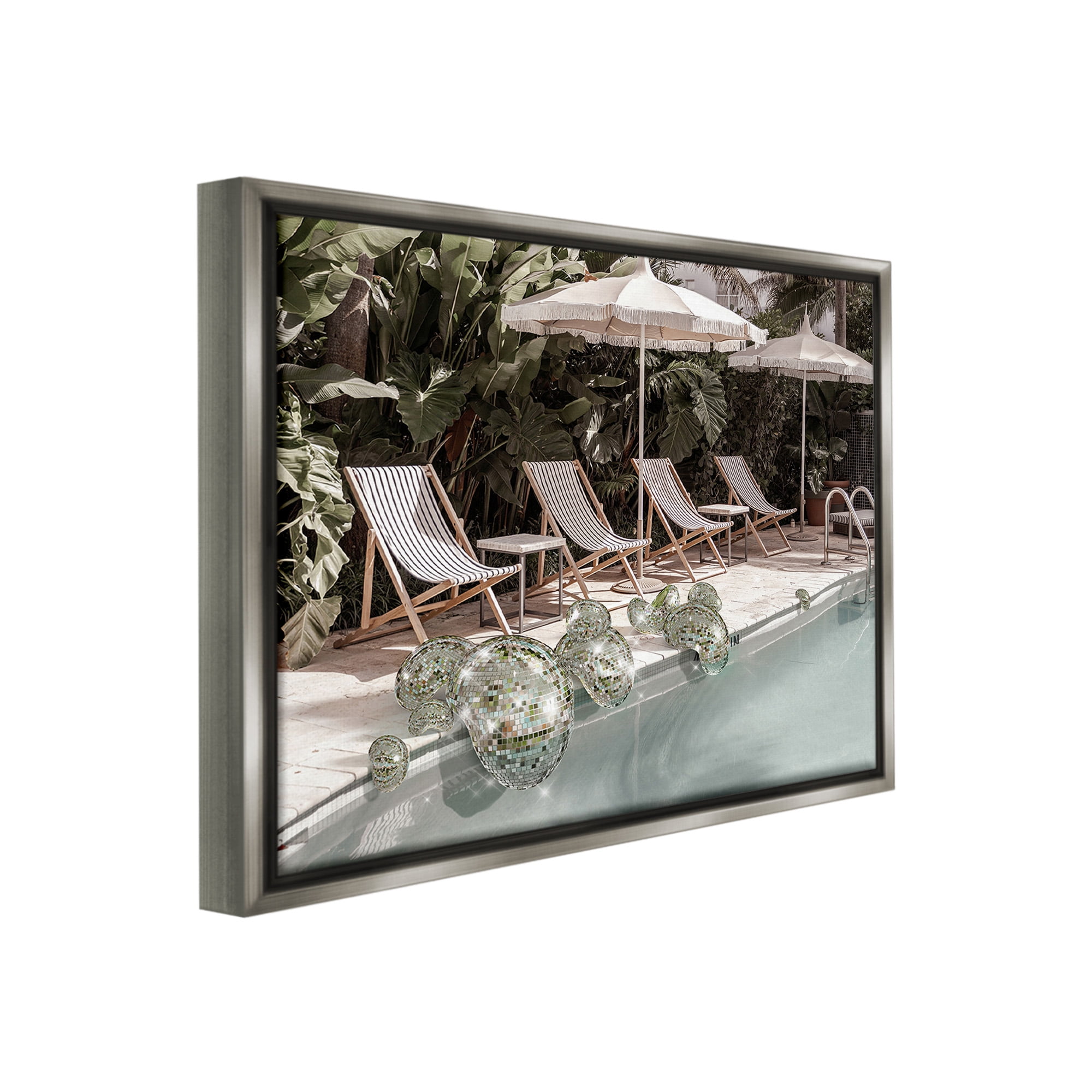 Stupell Industries Disco Balls at Pool Nature Painting Gray Floater Framed Canvas Art Print Wall Art, 21 x 17