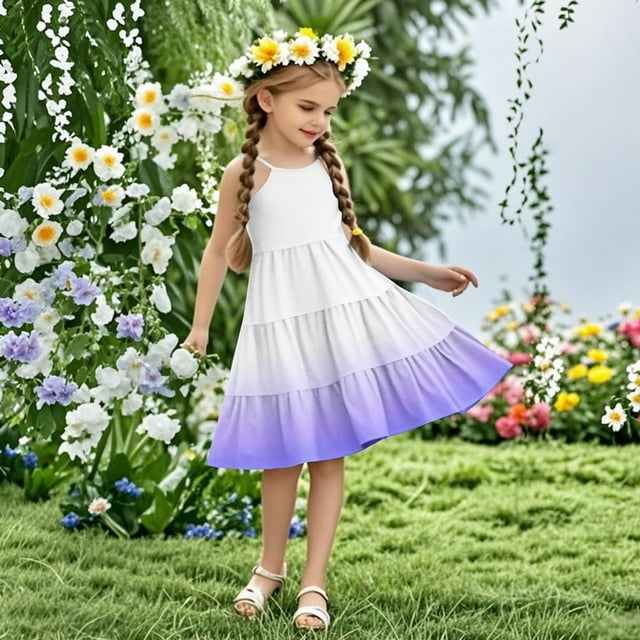Pisexur Robe d'Été pour Filles à Dégradé, Manches à Volants, à Étages, Décontractée, Fluide, Évasée, Préado, avec Poches, Violet, 7 Ans