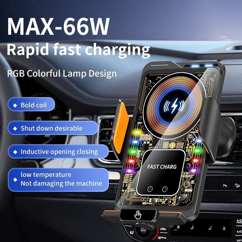 Wireless Car Charger & Phone Mount - 15W Auto-Clamping Air Vent Holder for iPhone 16/15/14, Samsung Galaxy S24/S23/S22, etc，66W High Power with Magnetic Suction Adapter (Transparent White)