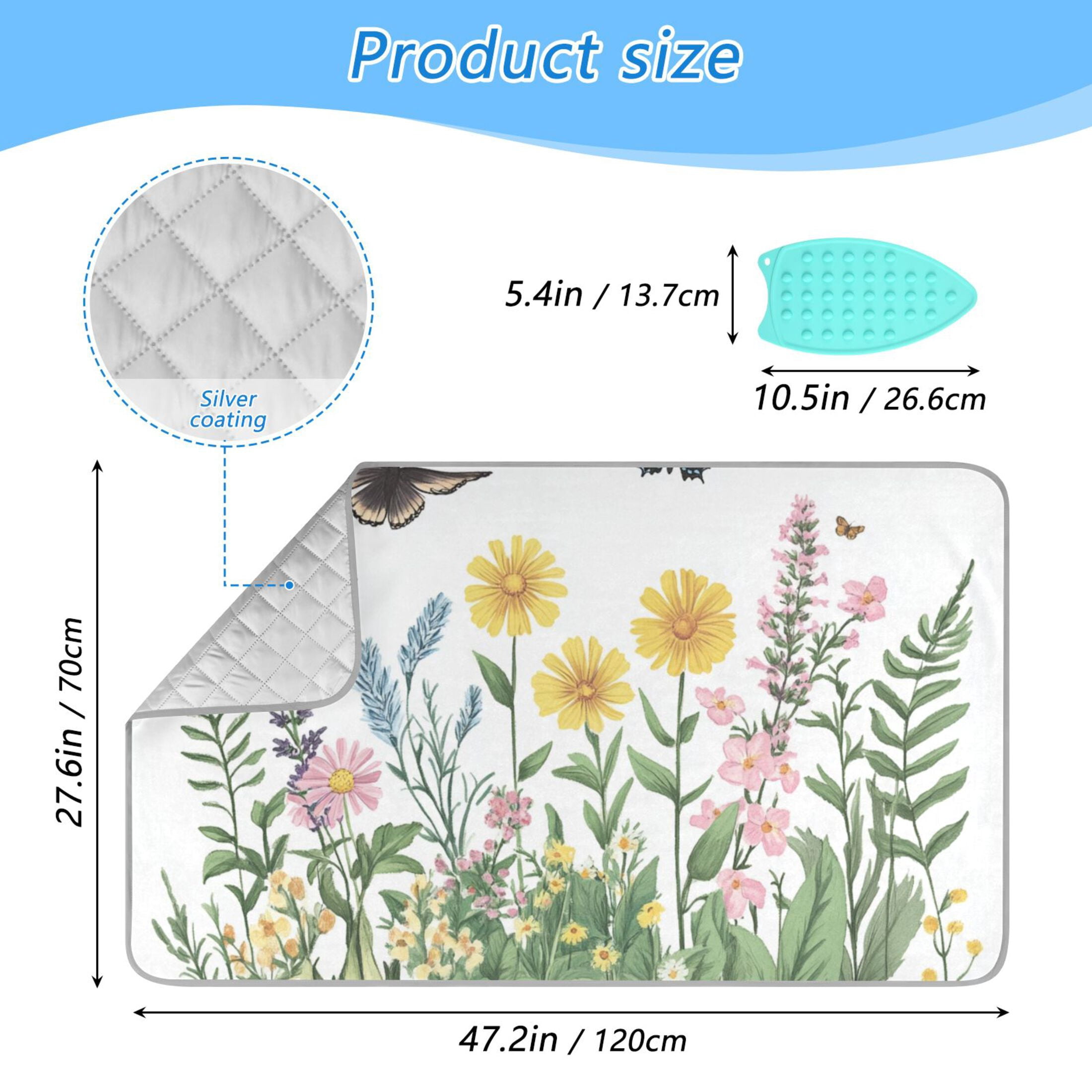 Flowers Ferns Birds with Butterflies Ironing Mat Blanket Portable Travel Ironing Pad Heat Resistant Pad 47.2" x 27.6”