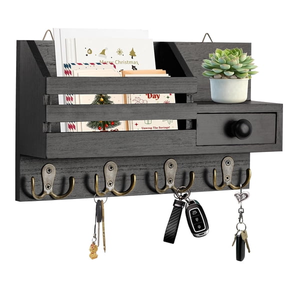YMWVH Bedroom Wall Mount Key Holder, Wooden Adhesive Key Mail Organizer with Drawer and Small Shelf, 8 Hooks, 2 Easy Installation Ways, Black